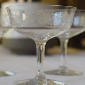Cambridge-Style Grapevine-Etched Crystal Champagne Glasses, Set of 5